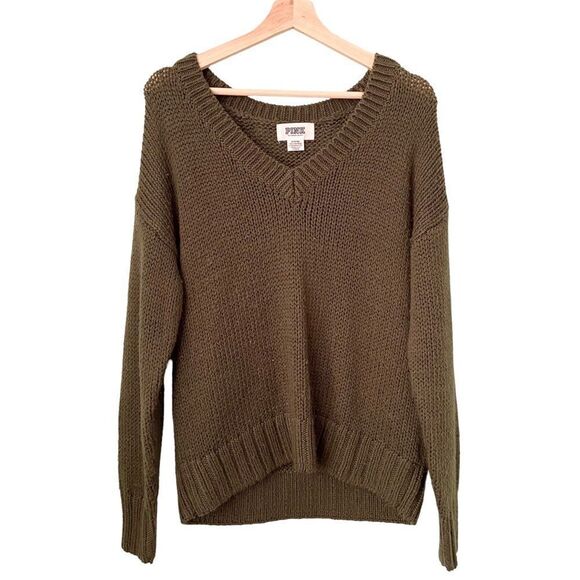 PINK Victoria's Secret V-neck Green Knit Sweater Pullover in Size Medium - Picture 1 of 6